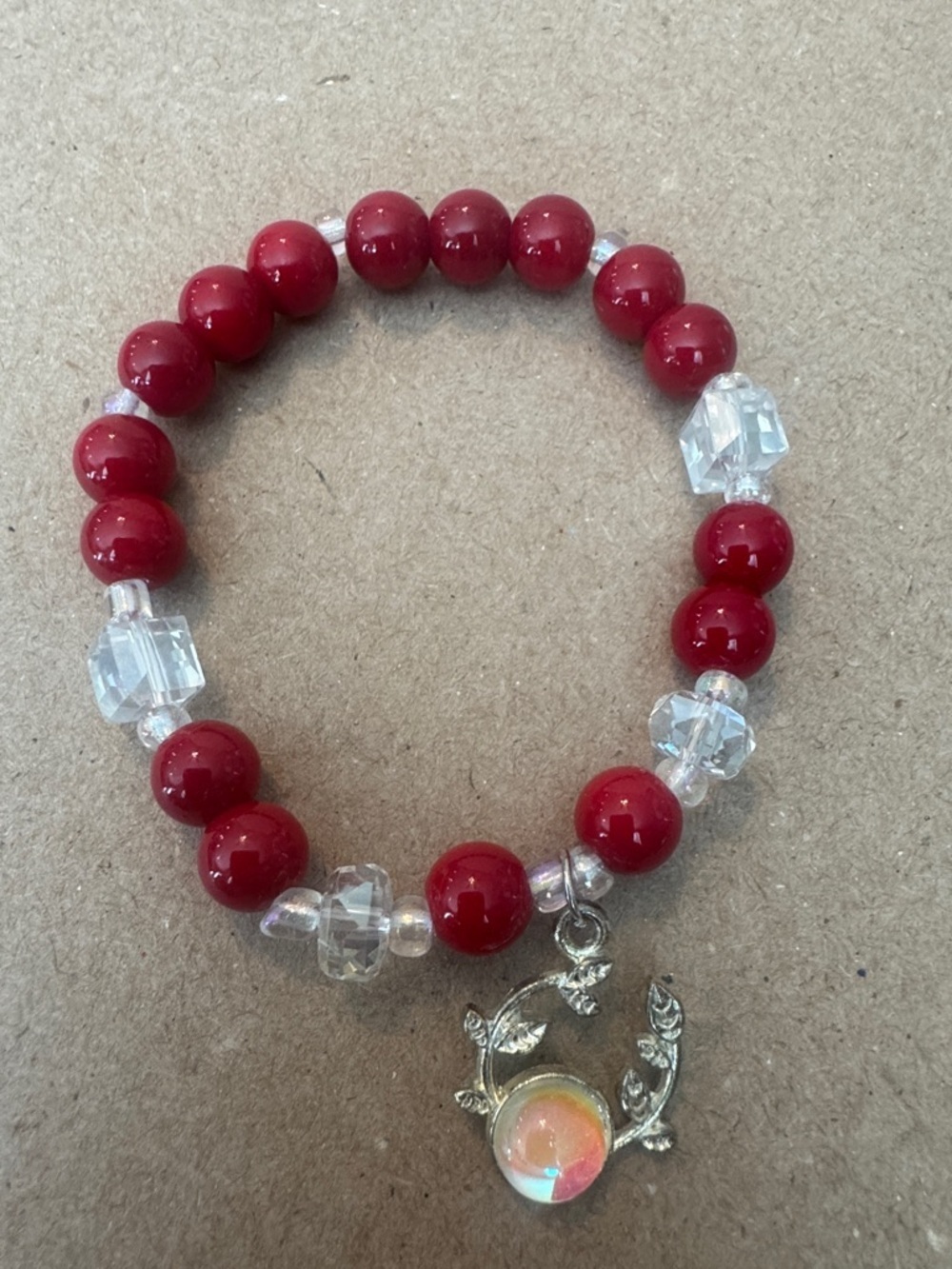 Red Beaded Charm Bracelet with Iridescent Pendant